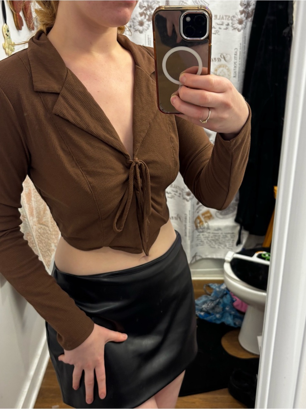 Forever 21 Brown Ribbed Tie-Front Long Sleeve Top